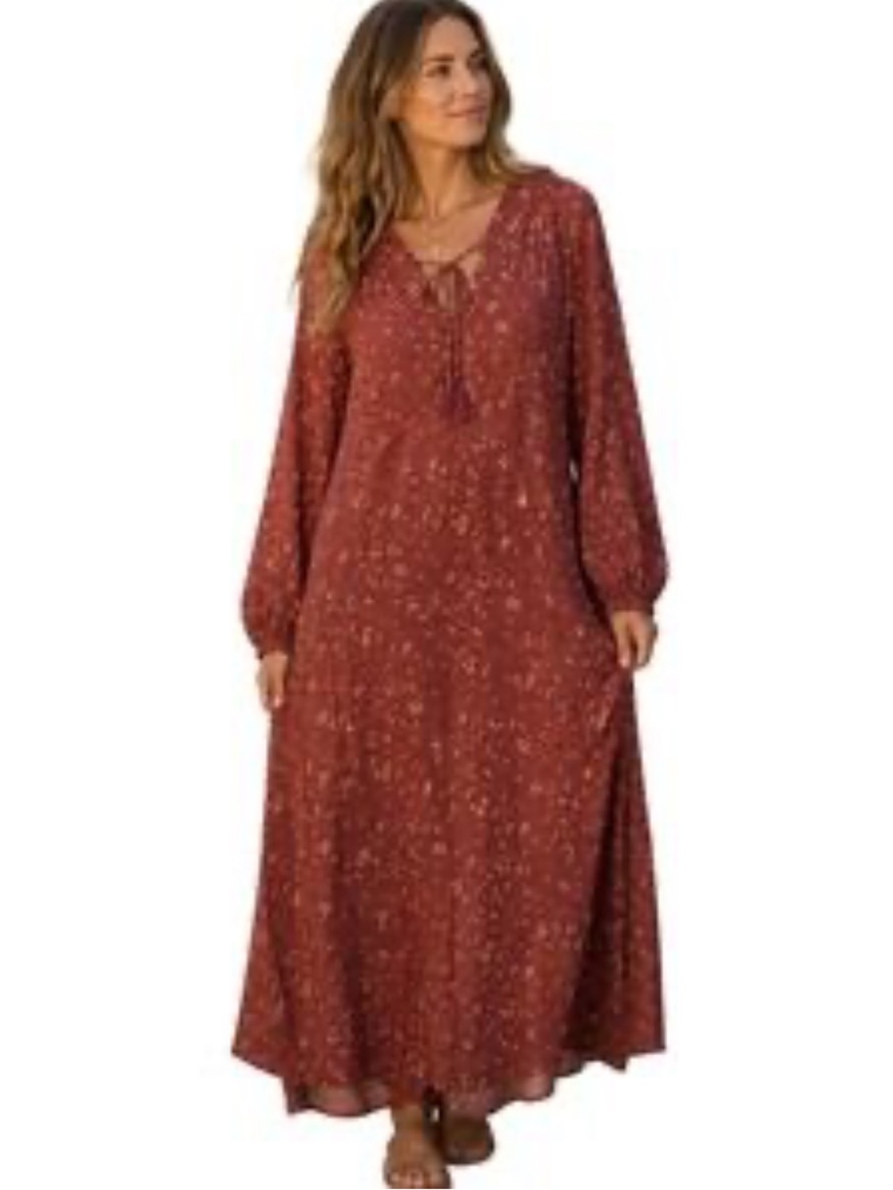 NATURAL LIFE Rust/Brown Floral Maxi Dress with Tie Neck Medium Boho Cottagecore